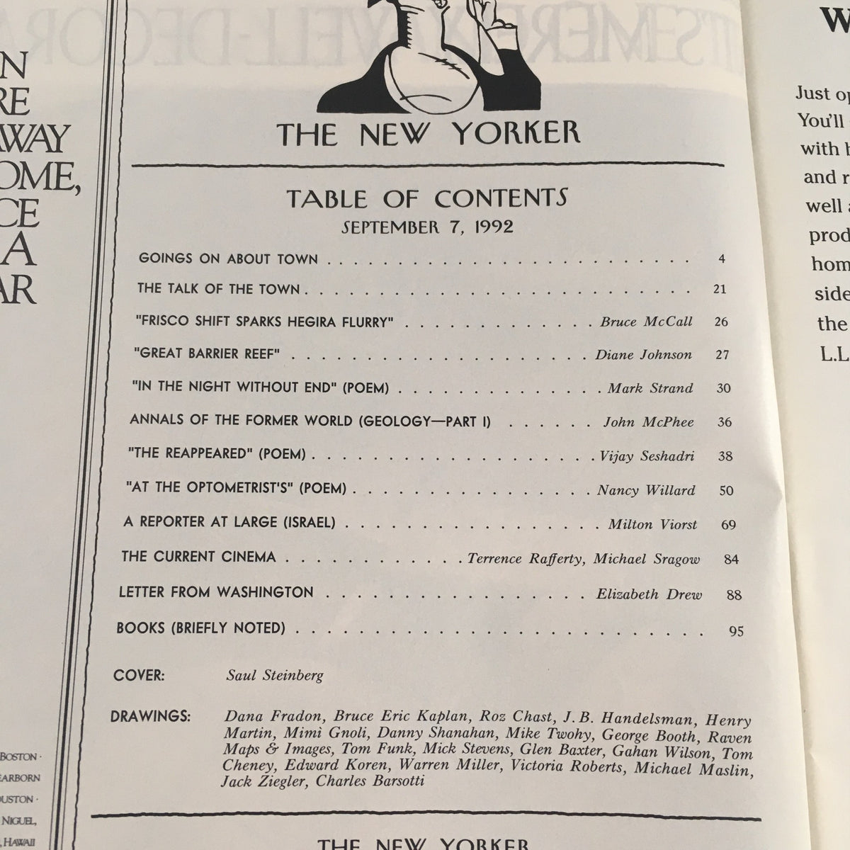 Table of Contents from The New Yorker September 7 1992 Full Magazine Theme Cover by Saul Steinberg, featuring article titles and author names, showcasing a vintage magazine layout.
