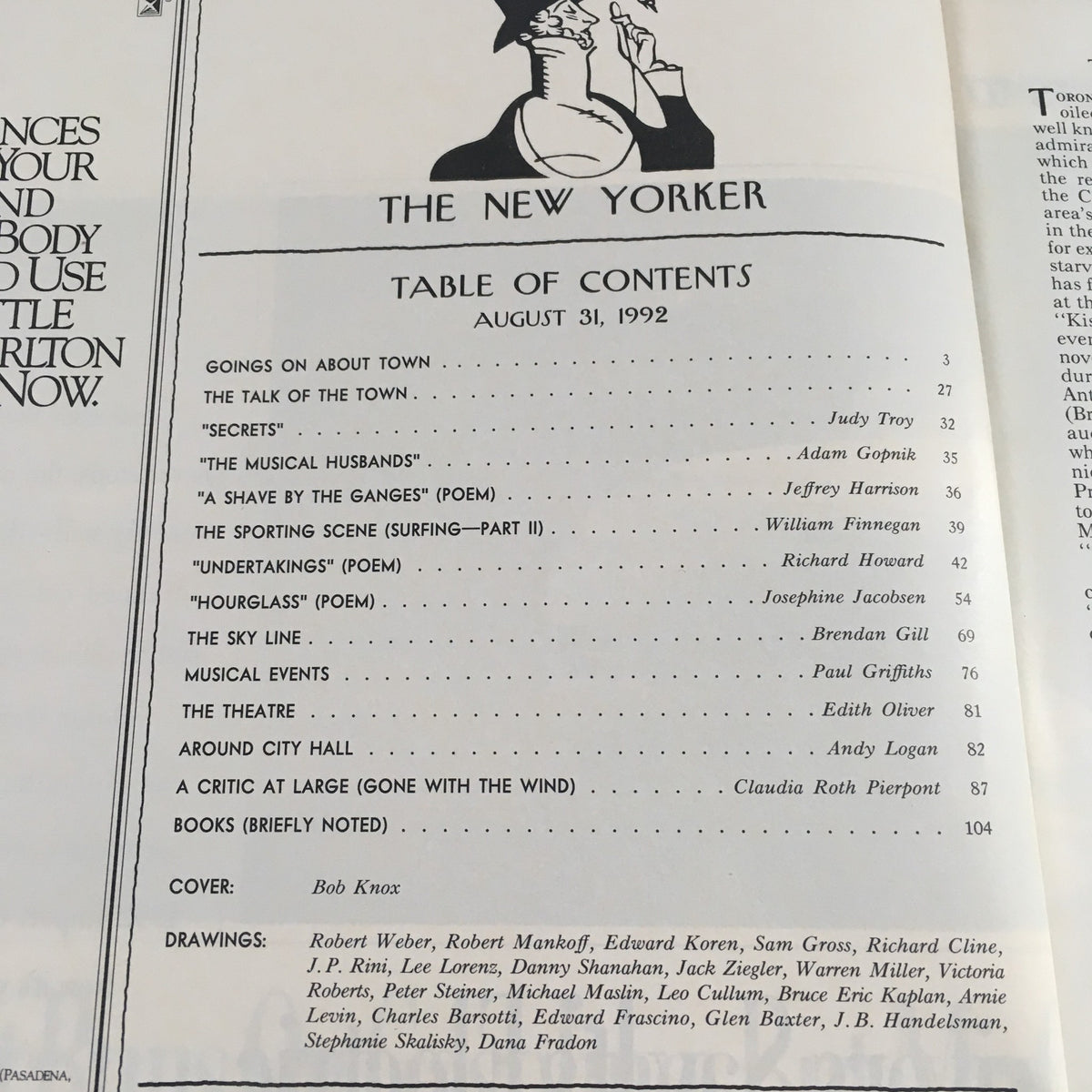 Table of Contents from The New Yorker August 31 1992 Full Magazine Theme Cover by Bob Knox, showcasing articles and illustrations from that issue.