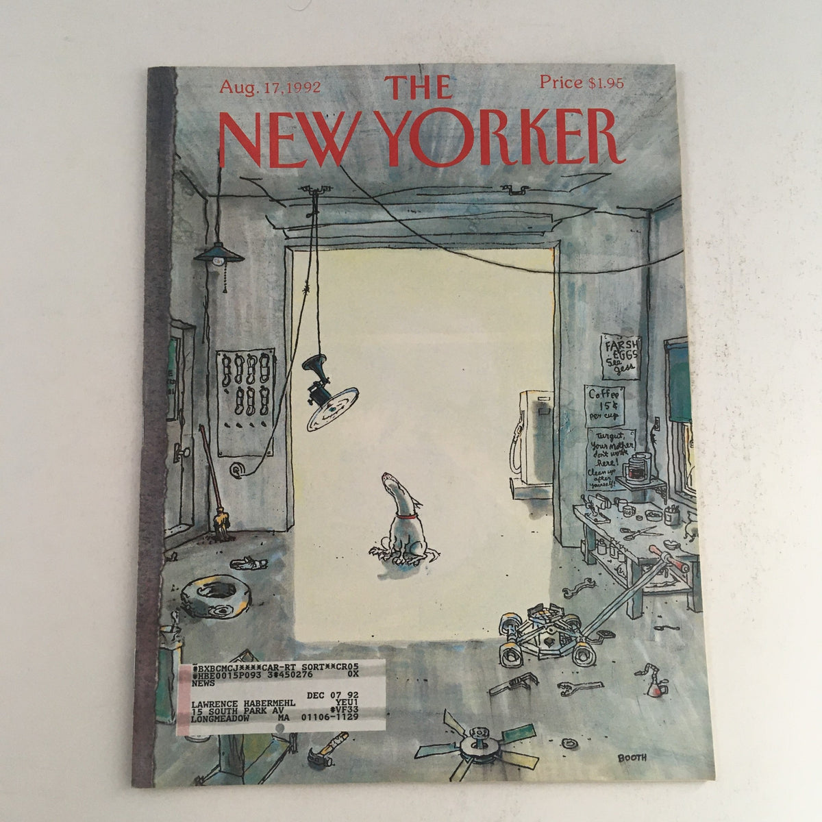 The New Yorker August 17, 1992 Full Magazine cover featuring an artwork by George Booth, showcasing a whimsical and humorous interior scene with a dog. The cover highlights the magazine's title in bold red letters and is available in very good condition (VG).