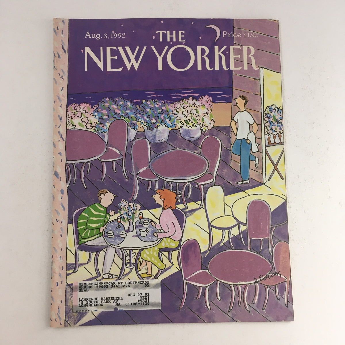 The New Yorker August 3, 1992 full magazine cover illustrating a cafe scene with diners outdoors, designed by Devera Ehrenberg, priced at $1.95, showcasing the charm of early '90s culture.