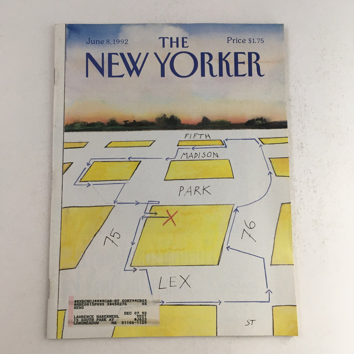 The New Yorker June 8 1992 magazine cover featuring a unique artistic map layout by Saul Steinberg, showcasing street names like Fifth, Madison, Park, and Lex with a vibrant sky background.