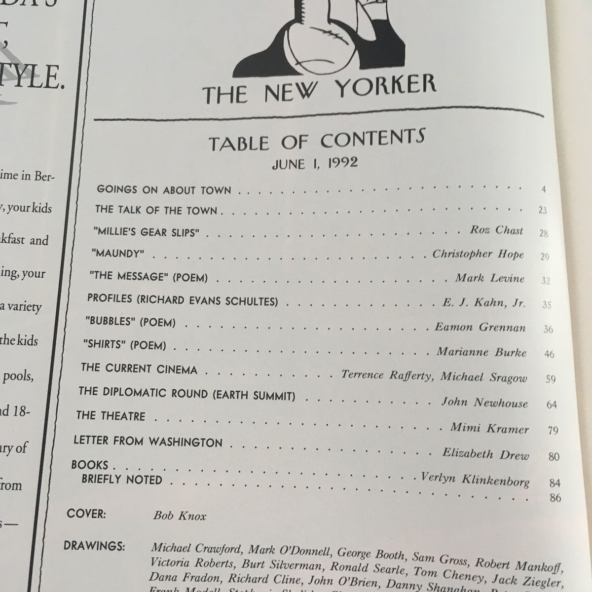 Table of contents page from The New Yorker June 1 1992, detailing articles and poems included in this edition, designed by Bob Knox.
