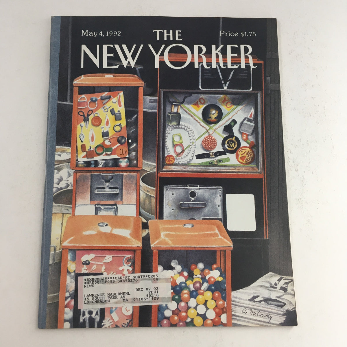 The New Yorker May 4 1992 Full Magazine Cover by Ann McCarthy showcasing a vintage theme with artistic representations of gum ball machines and assorted trinkets.