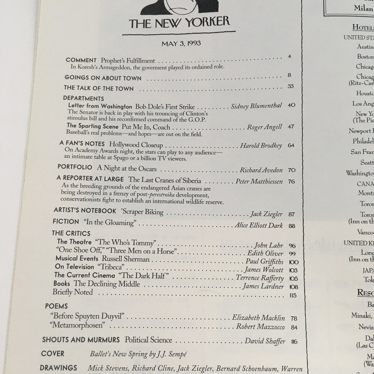 Interior page of The New Yorker May 3 1993, showcasing the table of contents with article titles and contributor names, reflecting the publication's in-depth cultural commentary.