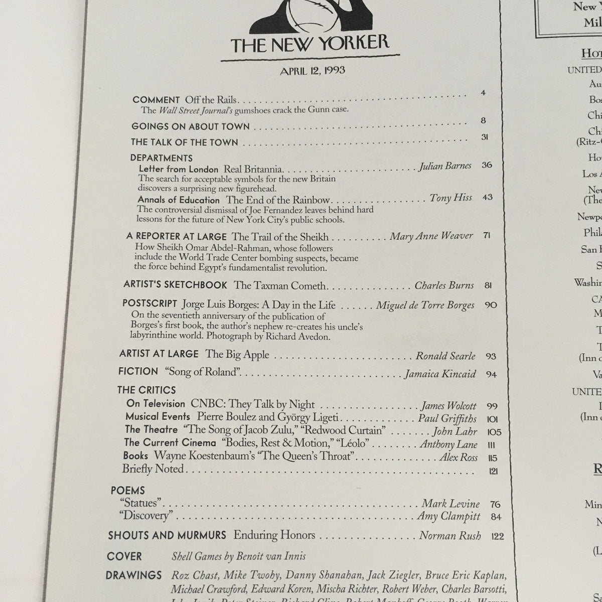Table of contents of The New Yorker April 12 1993 Full Magazine, listing featured articles and artists.