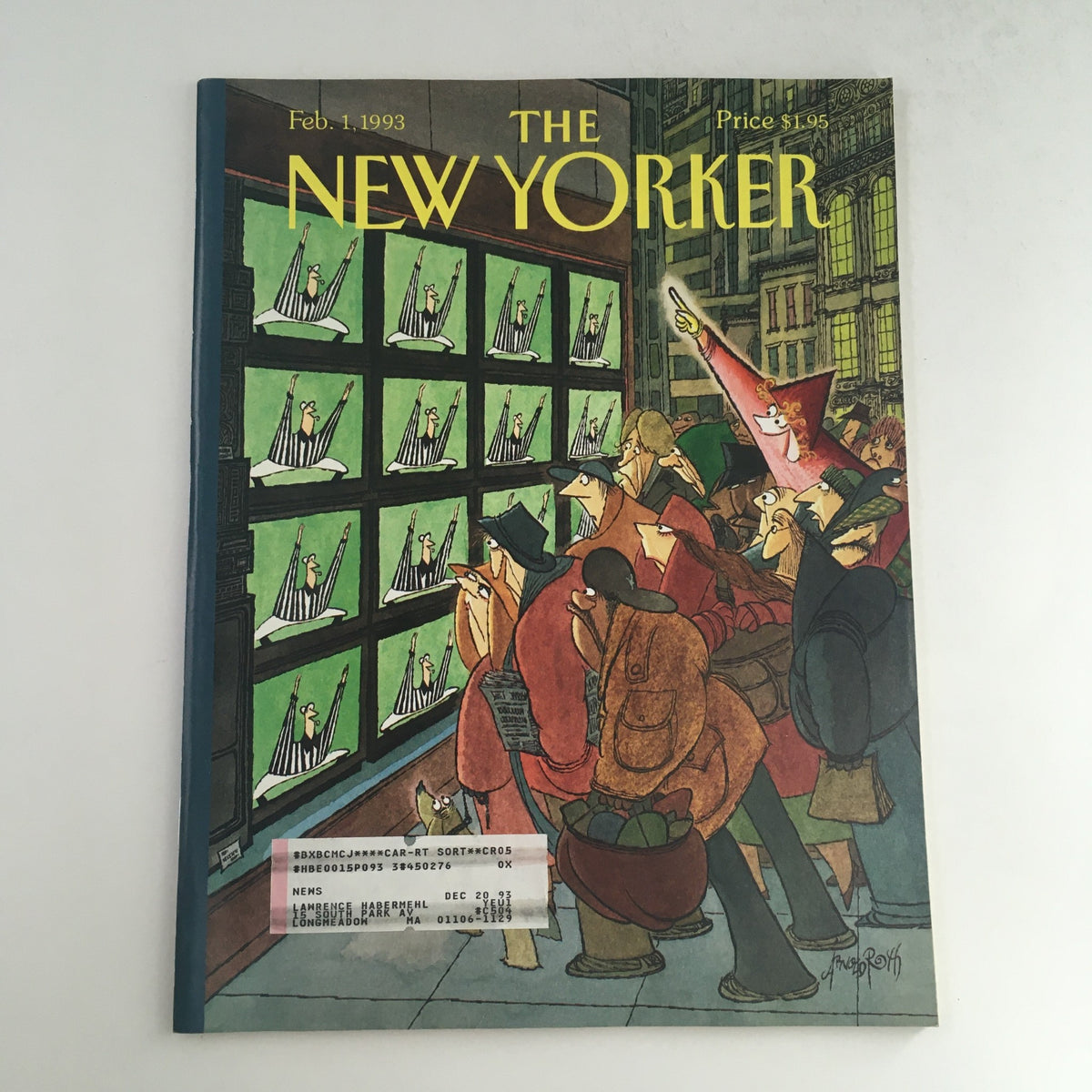 The New Yorker February 1 1993 Full Magazine Theme Cover by Arnold Roth, showcasing a colorful illustration of people engaged with televisions displaying images, reflecting the cultural landscape of the early 1990s.