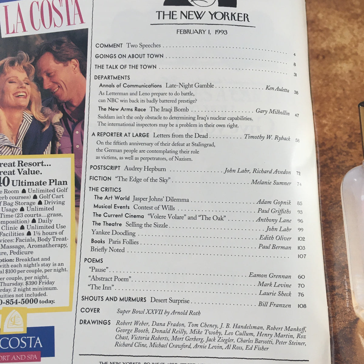 The New Yorker February 1 1993 contents page featuring articles and illustrations, highlighting contributions from various writers and artists, providing a glimpse into the magazine's diverse editorial content for that issue.
