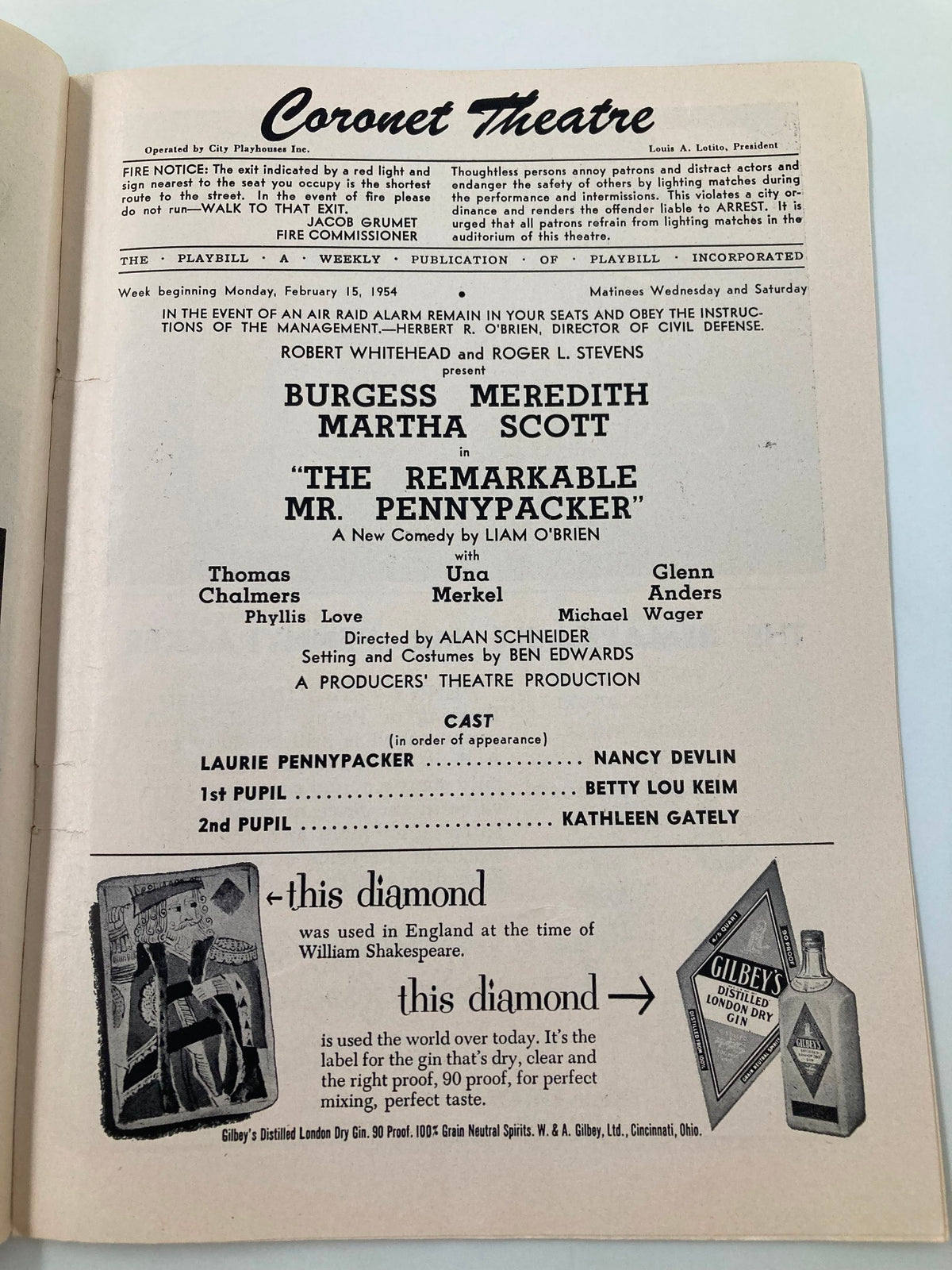 Interior page of the 1954 Playbill for The Remarkable Mr. Pennypacker, listing the cast and production details at the Coronet Theatre.