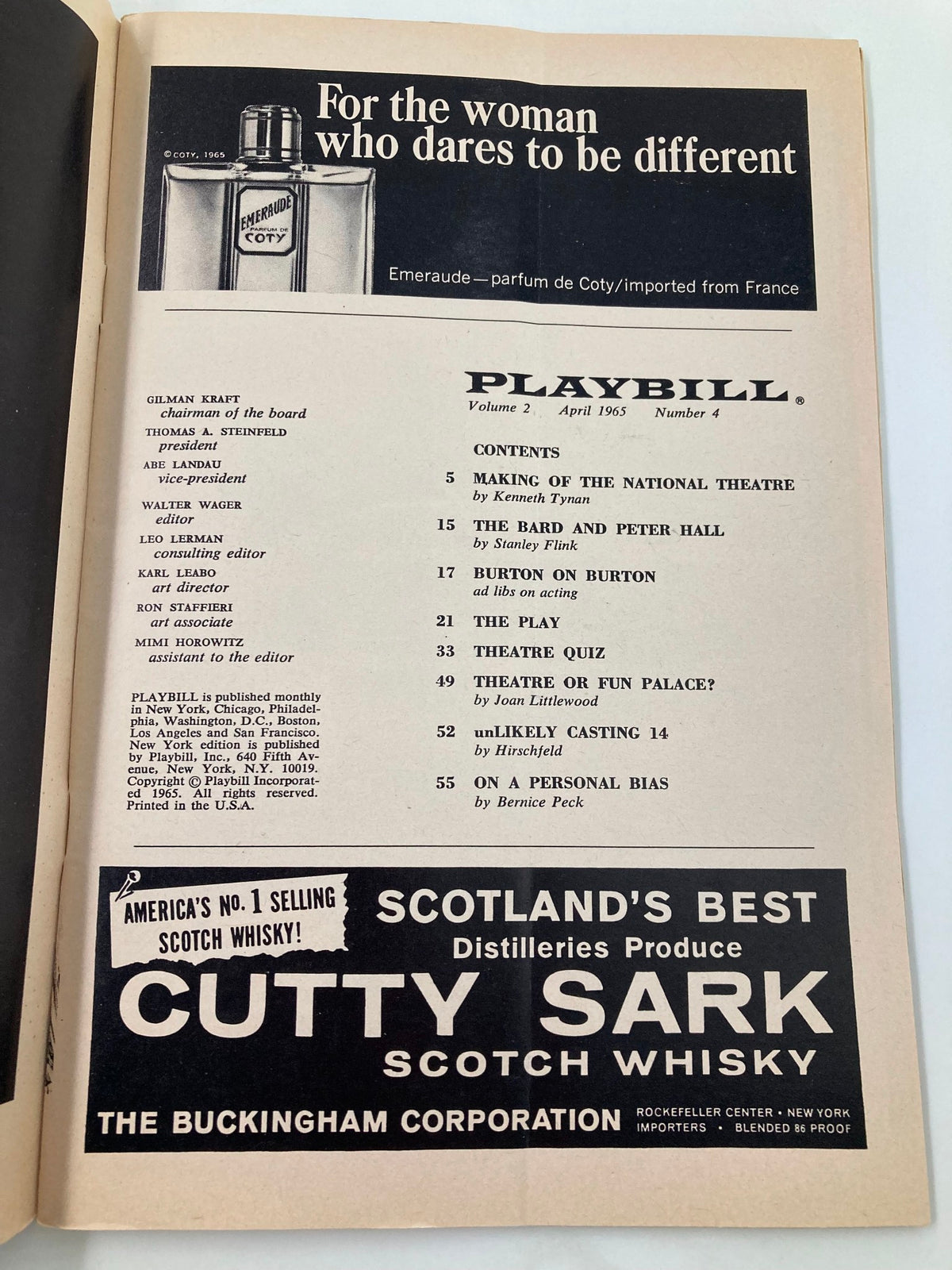 Inside page of the 1965 Playbill for Barefoot In The Park displaying contents and advertisements.