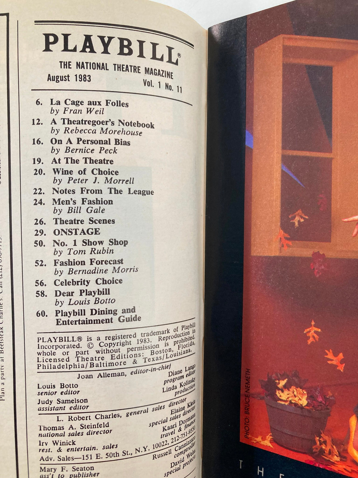 Interior page of the 1983 Playbill highlighting August listings and relevant pages from The National Theatre Magazine.