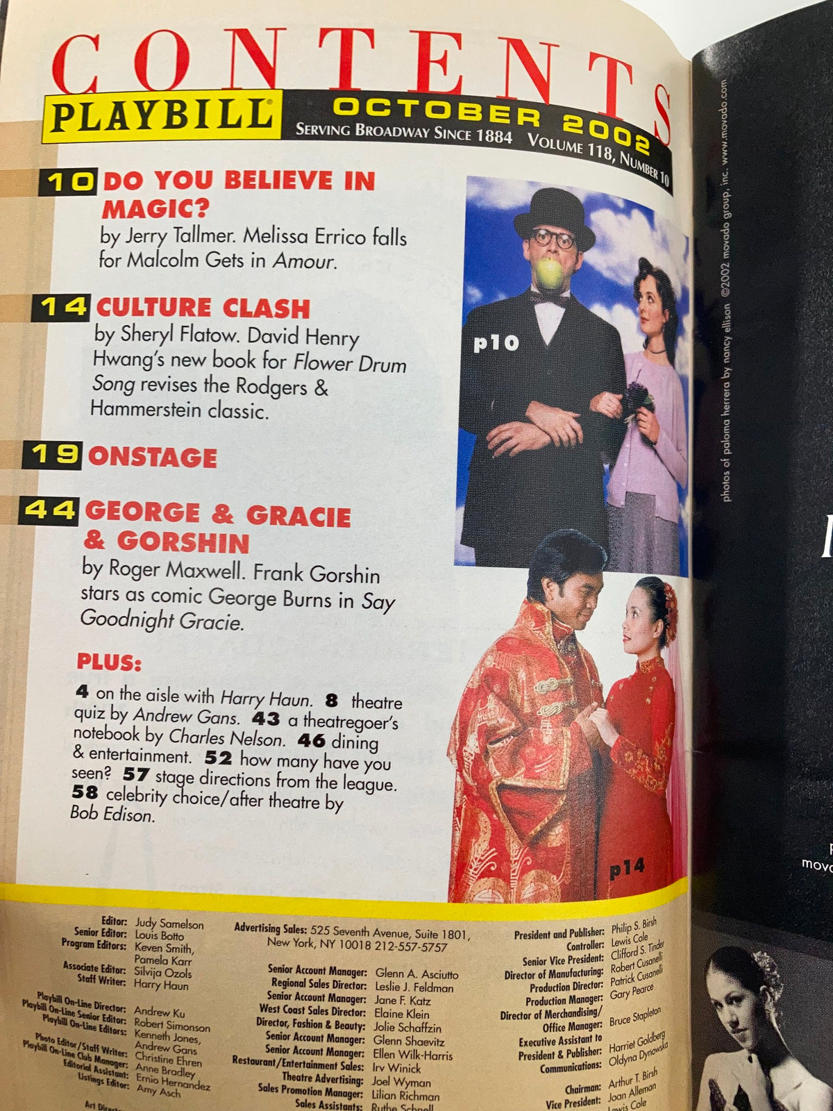 Contents page from the October 2002 Playbill for Thoroughly Modern Millie at the Marquis Theatre, featuring details about featured shows and performances.