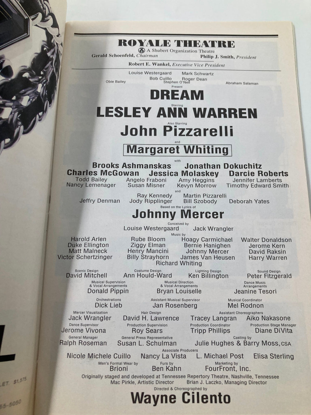 Cast and crew list for the 1997 musical 'Dream' at Royale Theatre, highlighting Lesley Ann Warren and John Pizzarelli.