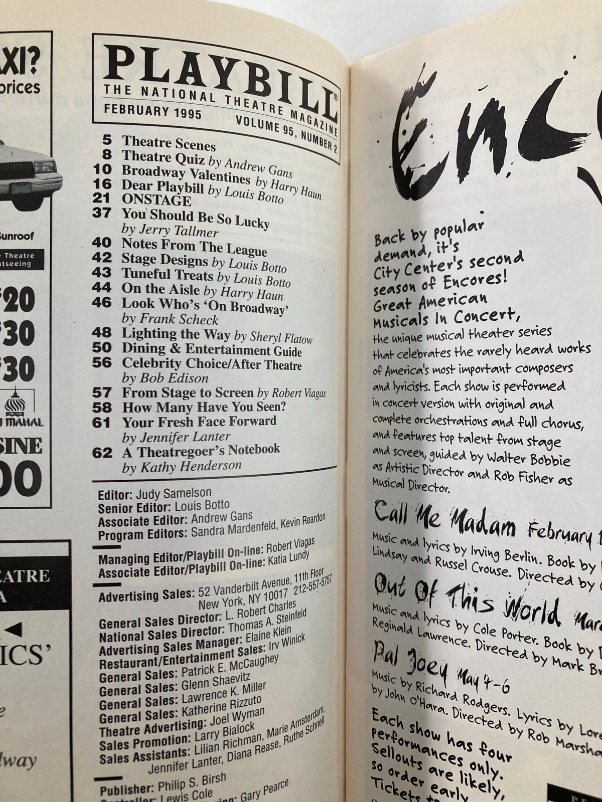 Inside page of the 1995 Playbill for The Promenade Theatre with listings and insights into the production of Three Tall Women.