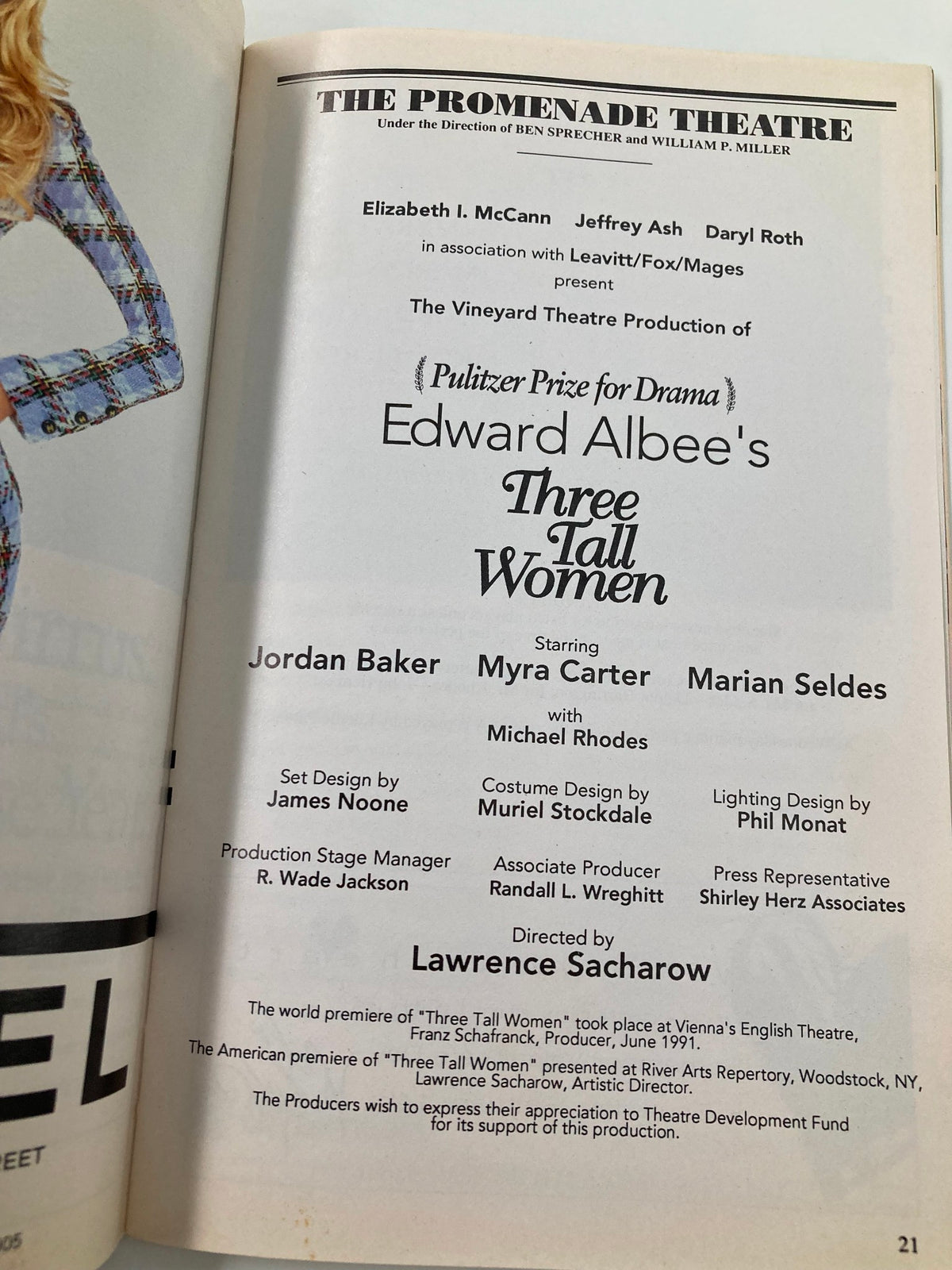 Page from the 1995 Playbill for The Promenade Theatre showcasing the cast and credits for Three Tall Women, including actors Jordan Baker and Myra Carter.
