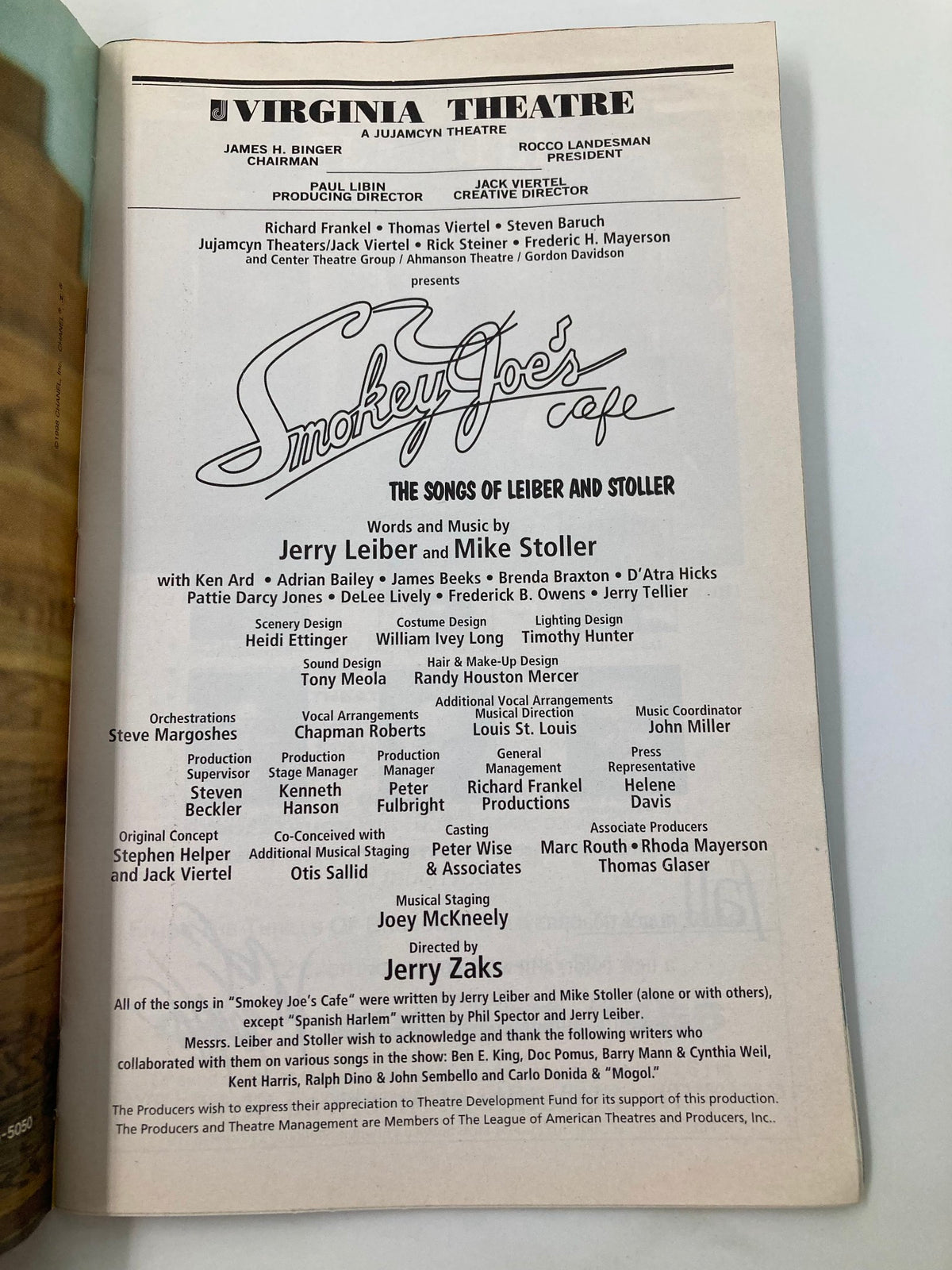 Page from the 1998 Playbill showcasing the musical 'Smokey Joe's Cafe', with details about the production and songs by Jerry Leiber and Mike Stoller, highlighting the show's cast.
