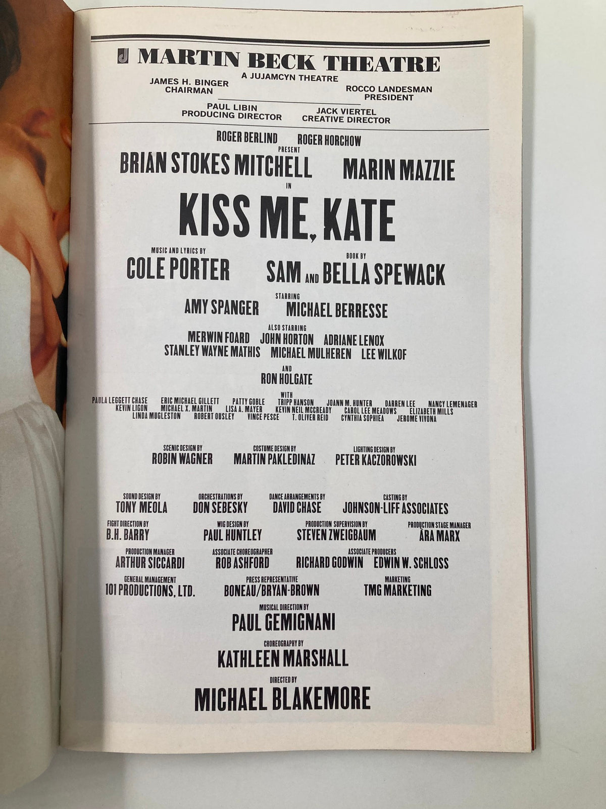 Kiss Me, Kate cast and crew page from the 2000 Playbill, detailing performers including Amy Spanger and Michael Berresse.