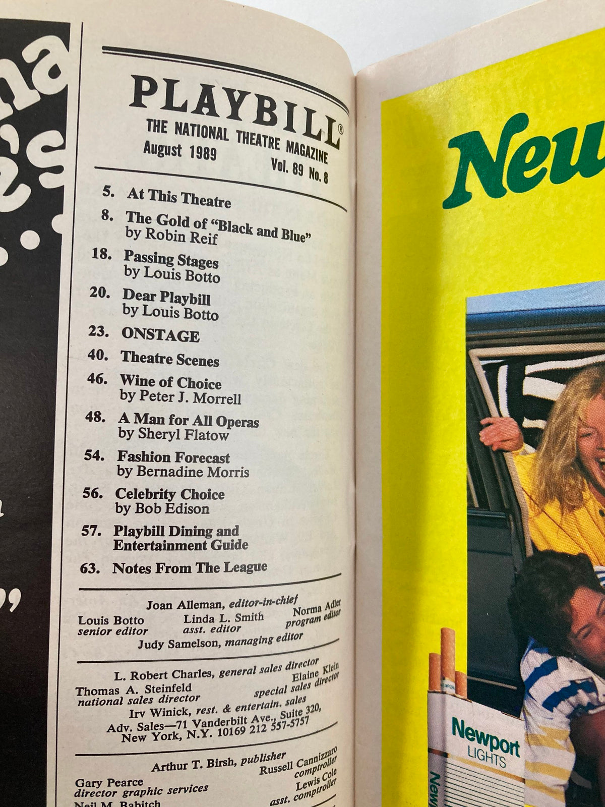 Interior page of the 1989 Playbill Sweeney Todd featuring the table of contents for August 1989 edition.