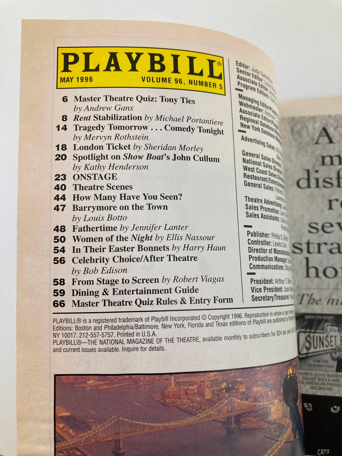 Inside page of the 1996 Playbill for Mrs. Klein at the Lucille Lortel Theatre showcasing a list of theater-related features and activities of May 1996.