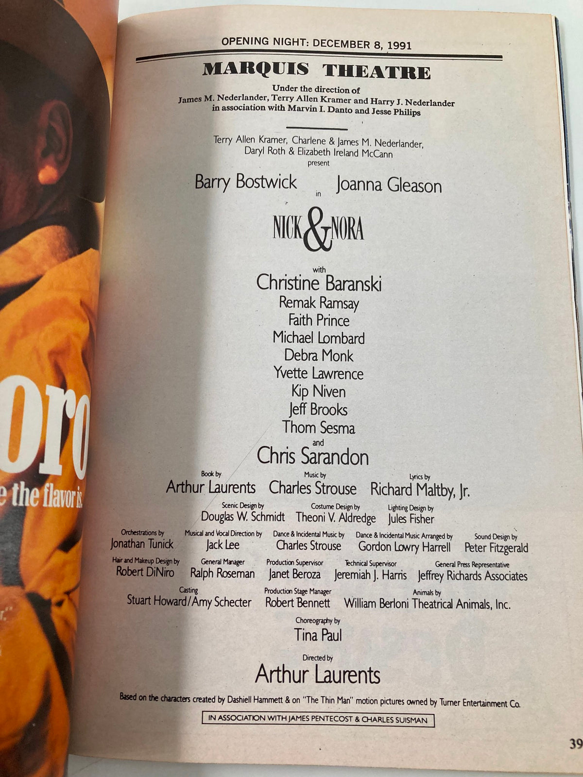 Cast details from the 1991 Playbill for Nick & Nora at the Marquis Theatre, featuring Christine Baranski and Remak Ramsay.