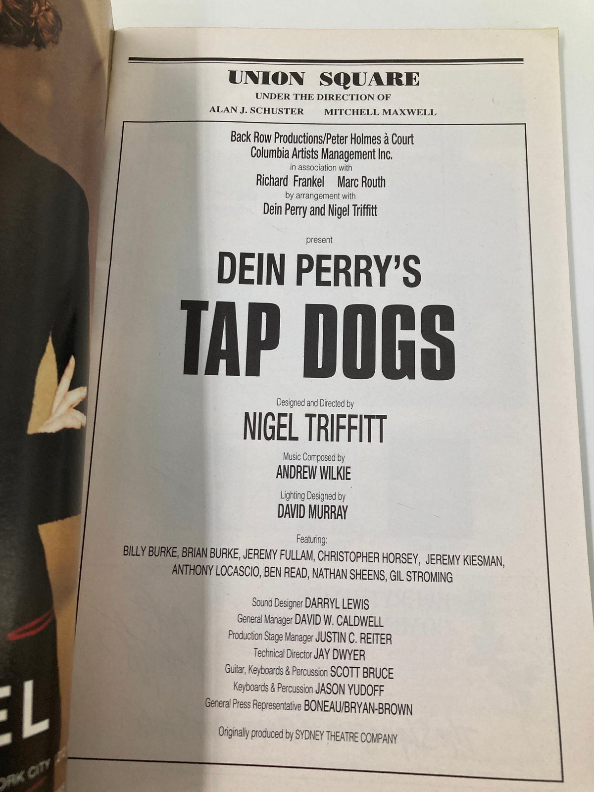 1997 Playbill Union Square Tap Dogs with credits, including Billy Burke and Brian Burke, showcasing the dynamic performances of the Tap Dogs.