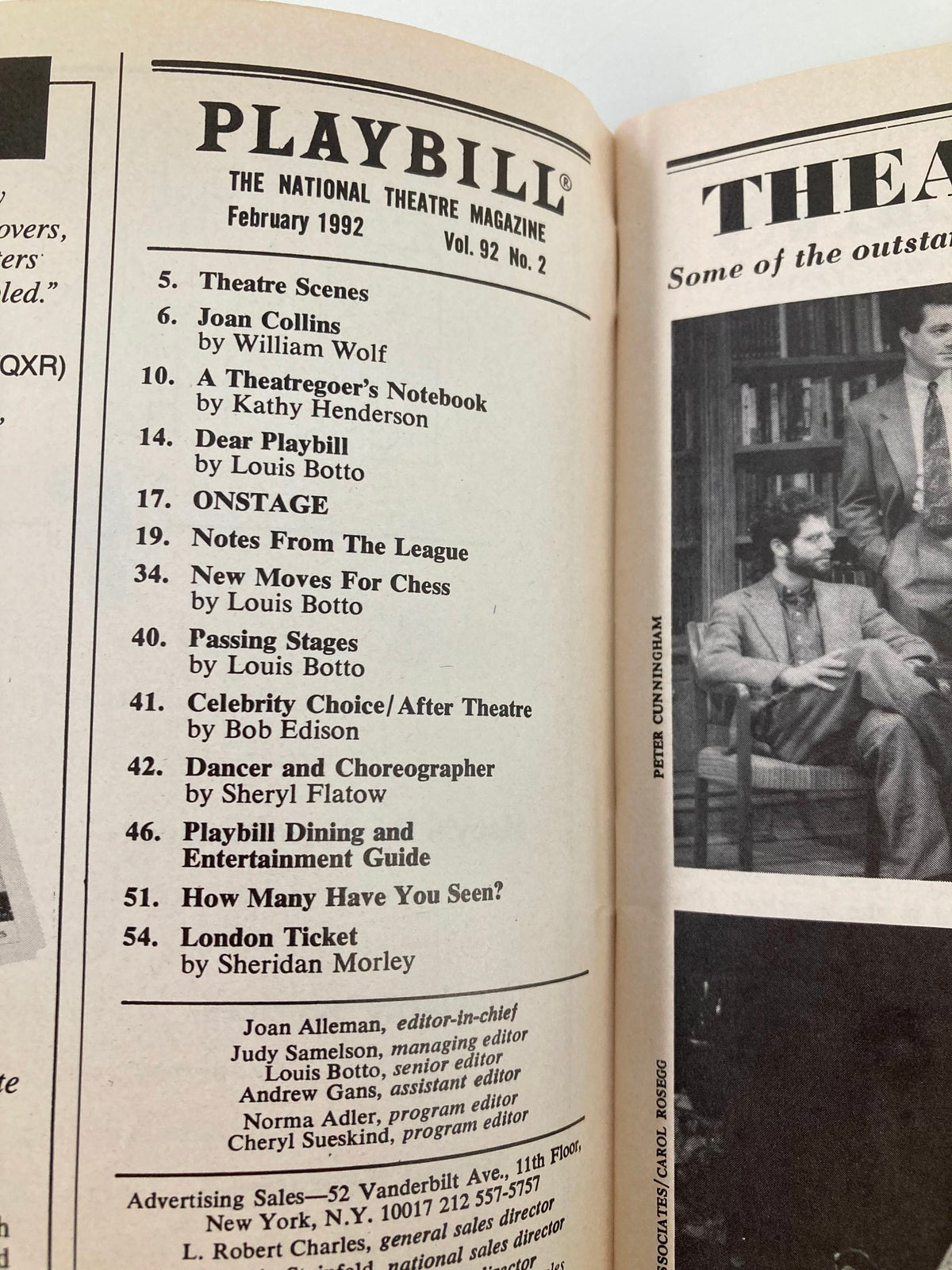 Inside page of the 1992 Playbill The Village Gate Real Live TV Night featuring The Real Live Game Show, highlighting theatre articles and items from the February 1992 edition.