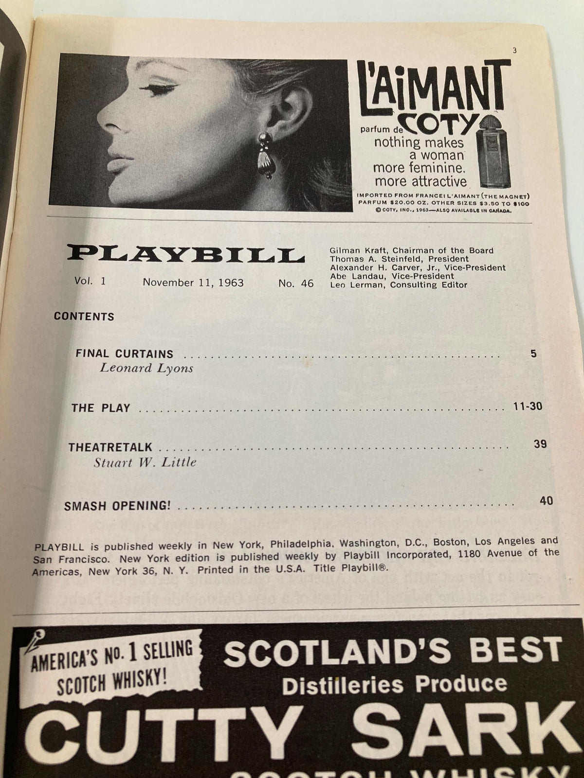 Interior page of the 1963 Playbill for 'Stop The World – I Want To Get Off' showing contents for November 1963.
