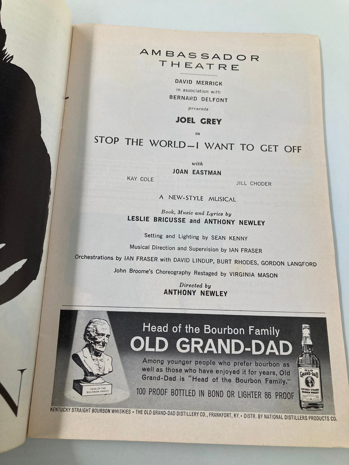 Page from the 1963 Playbill featuring details about the 'Stop The World – I Want To Get Off' production and cast information.