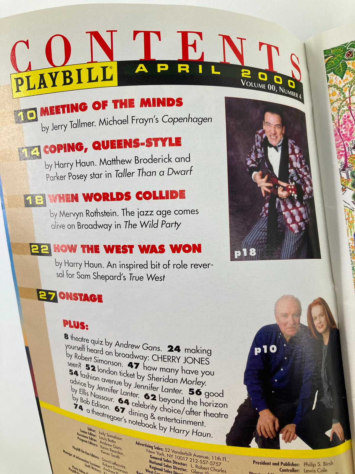 Inside contents page of the 2000 Playbill for Uncle Vanya, including articles and listings related to various performances and features in Broadway theater.