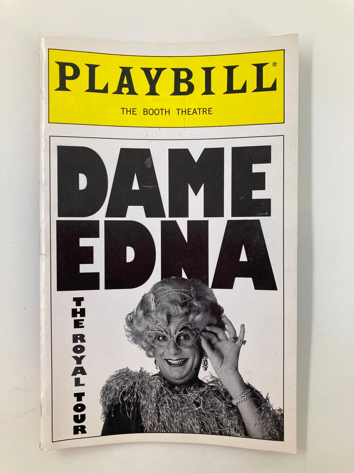 2000 Playbill for Dame Edna's The Royal Tour at the Booth Theatre, featuring a striking black and white cover image of Dame Edna.
