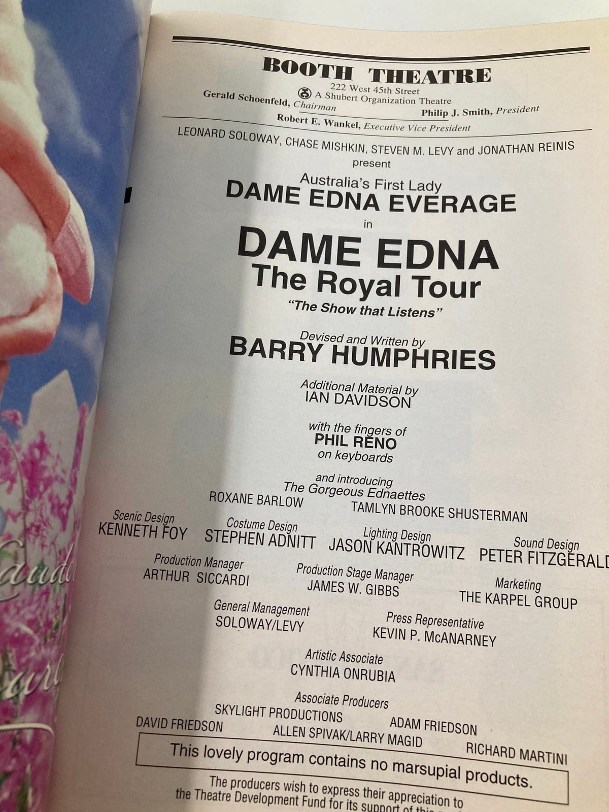 Another interior page of the 2000 Playbill for Dame Edna's The Royal Tour, listing cast members and production credits, highlighting Barry Humphries as the creator.