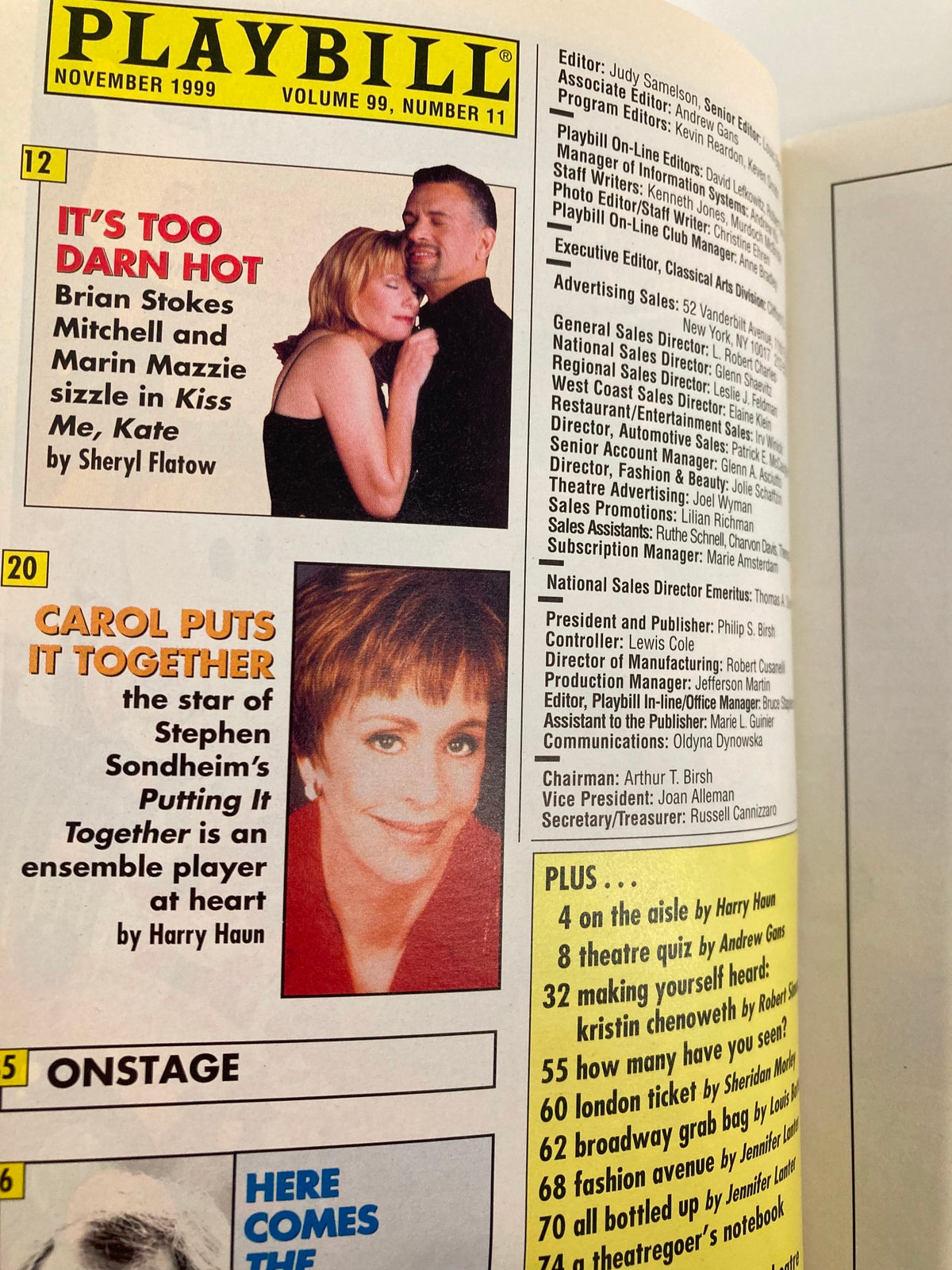 November 1999 Playbill featuring various productions including 'It's Too Darn Hot' and 'Carol Puts It Together', highlighting the vibrant world of musical theatre.