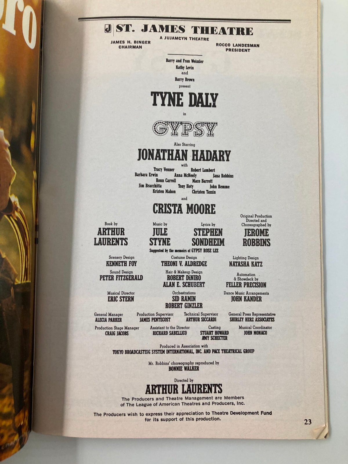 Inside page of the 1990 Playbill from St. James Theatre for the production of 'Gypsy,' featuring cast members Tyne Daly, Jonathan Hadary, and Crista Moore, showcasing the play details and credits.