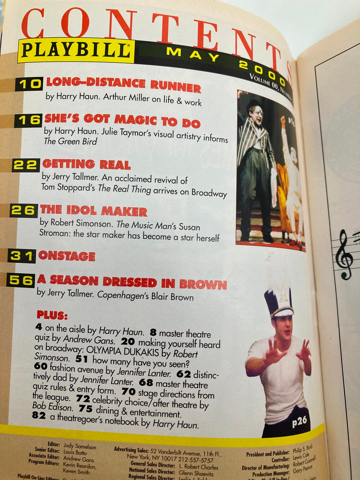 Contents page of the 2000 Playbill, showcasing featured articles and performances for May 2000, including 'Kiss Me, Kate' highlights.