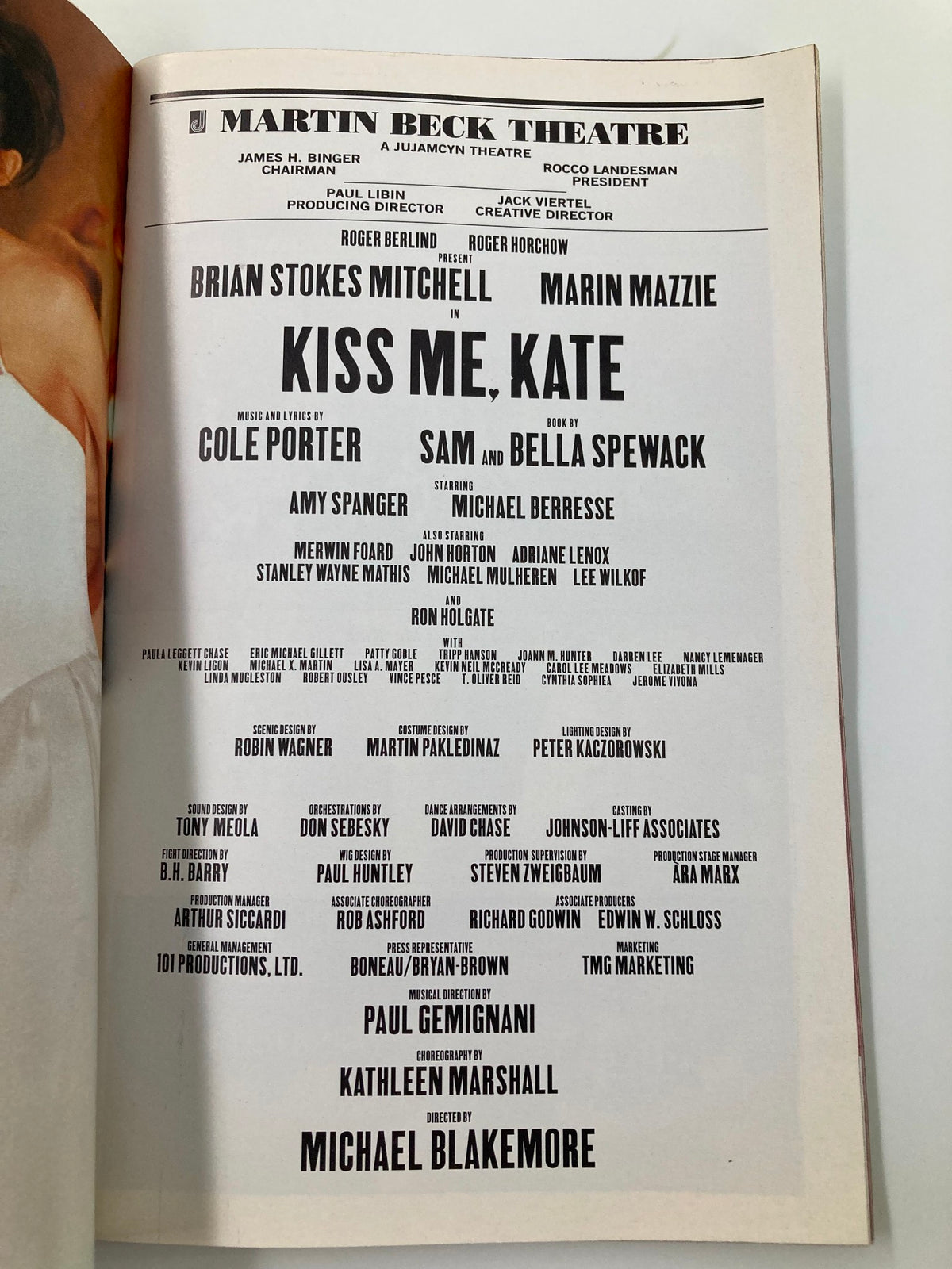Credits page from the 2000 Playbill for 'Kiss Me, Kate' at Martin Beck Theatre, listing cast and creative team, including Brian Stokes Mitchell.