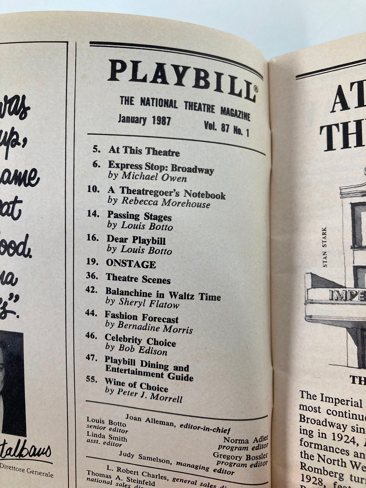 Interior page of the 1987 Playbill for The Mystery of Edwin Drood at the Imperial Theatre, showcasing the table of contents and theatre information.