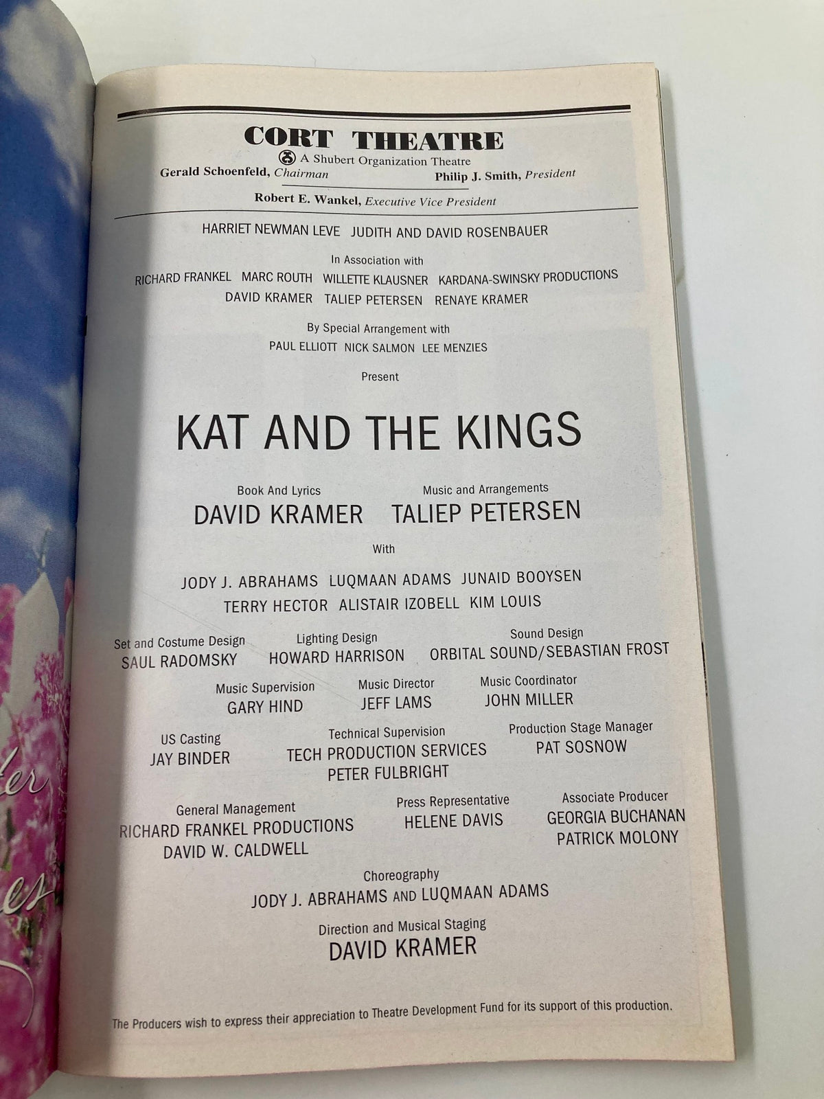 1999 Playbill for 'Kat and The Kings' at Cort Theatre featuring cast members including Jody J. Abrahams and Luqmaan Adams, showcasing the show's key production details and credits.