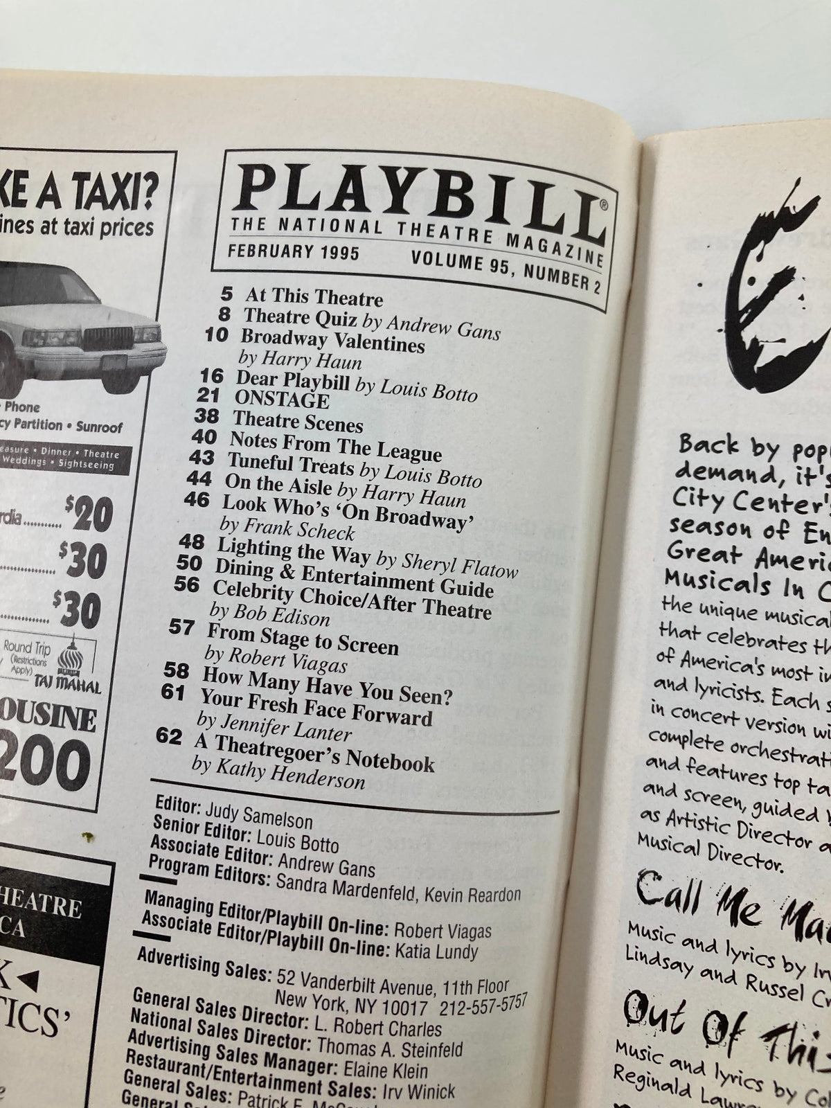 Inside page of the 1995 Playbill for Show Boat showcasing the contents and articles related to Broadway.