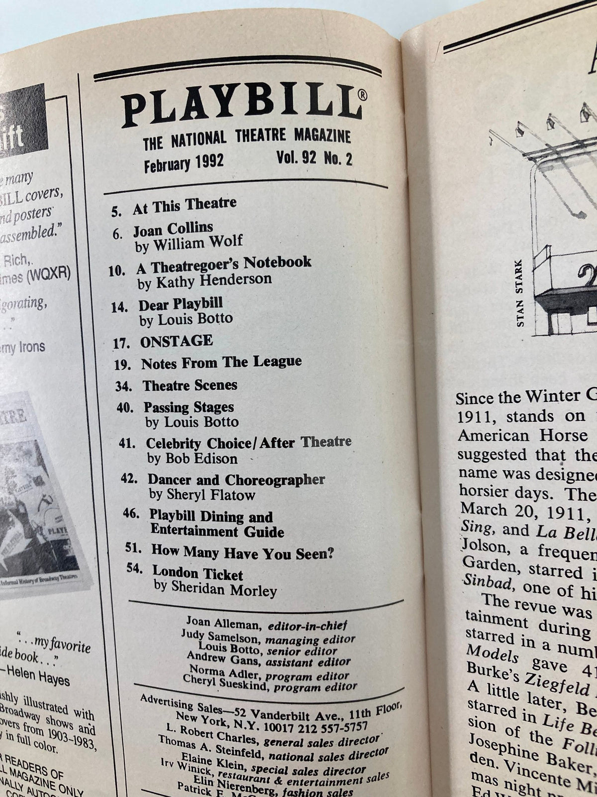 Interior page of the February 1992 Playbill showcasing the table of contents alongside advertising for the Cats musical at Winter Garden Theatre.
