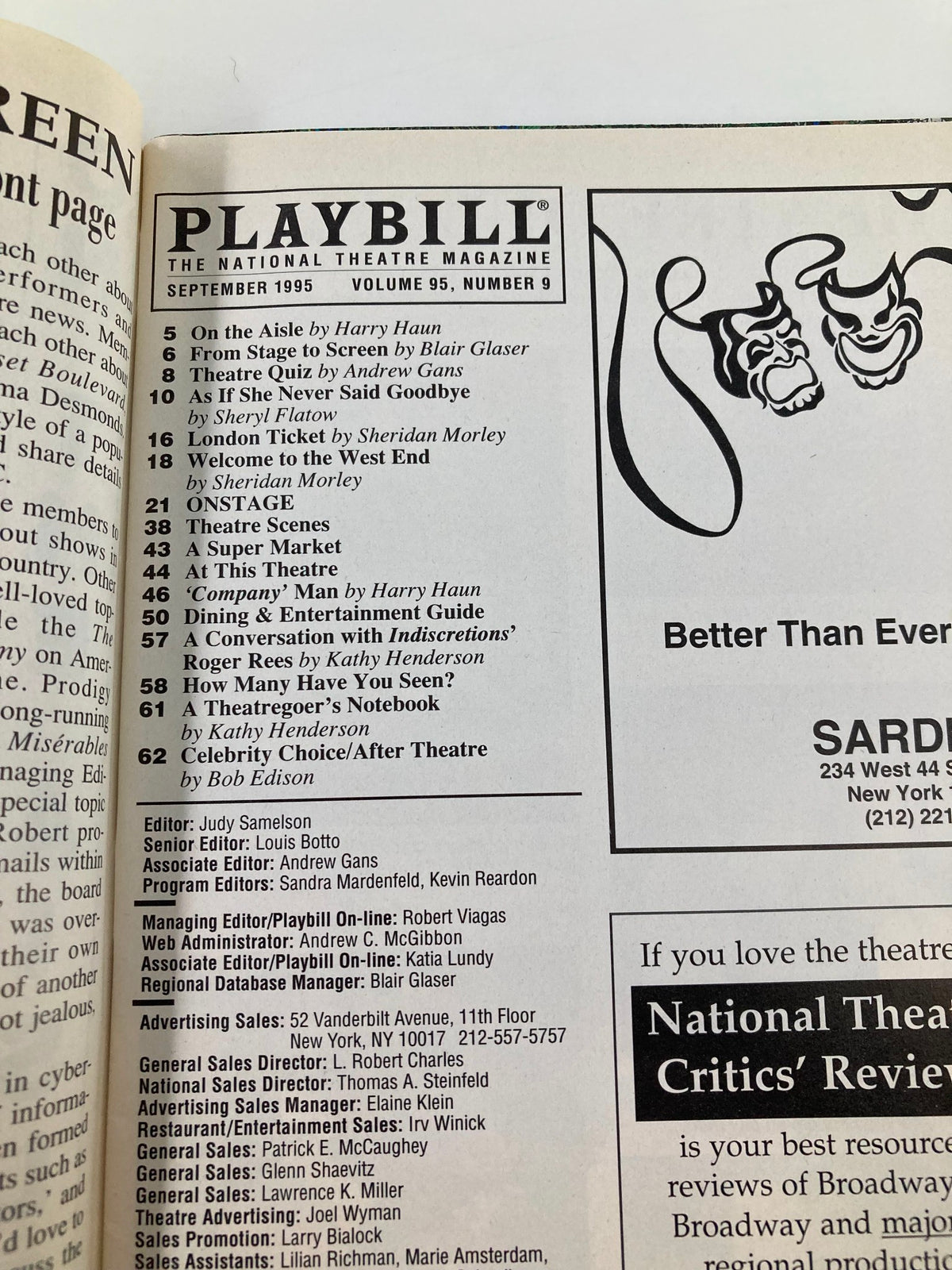 Inner page of the 1995 Playbill for 'Having Our Say' featuring the production credits and advertisements, showcasing the lineup from the Booth Theatre.