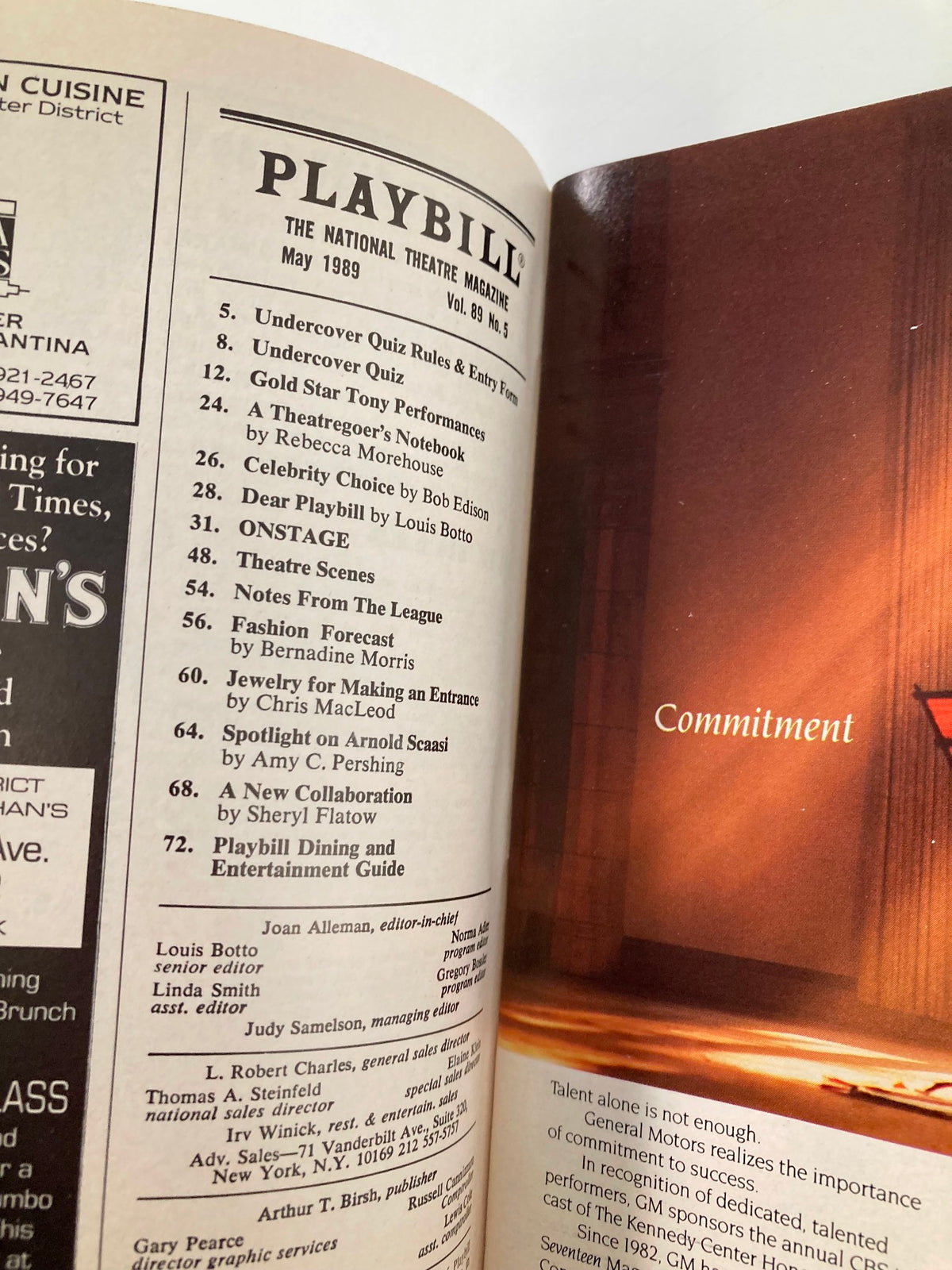 Inside page of the May 1989 Playbill showcasing the contents and listings from The National Theatre Magazine.