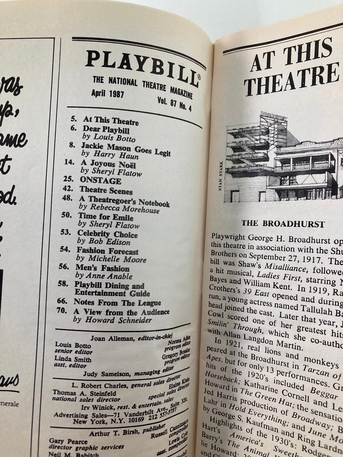 Inside page of the 1987 Playbill for Broadway Bound showing the April 1987 issue details, capturing the essence of live theater.