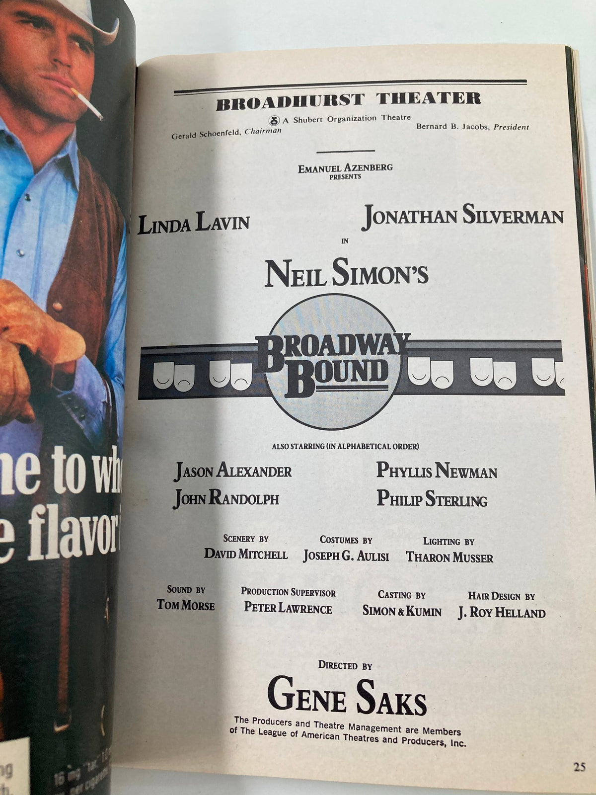 Another inside page of the 1987 Playbill for Broadway Bound featuring cast and crew credits for Linda Lavin and Jonathan Silverman.