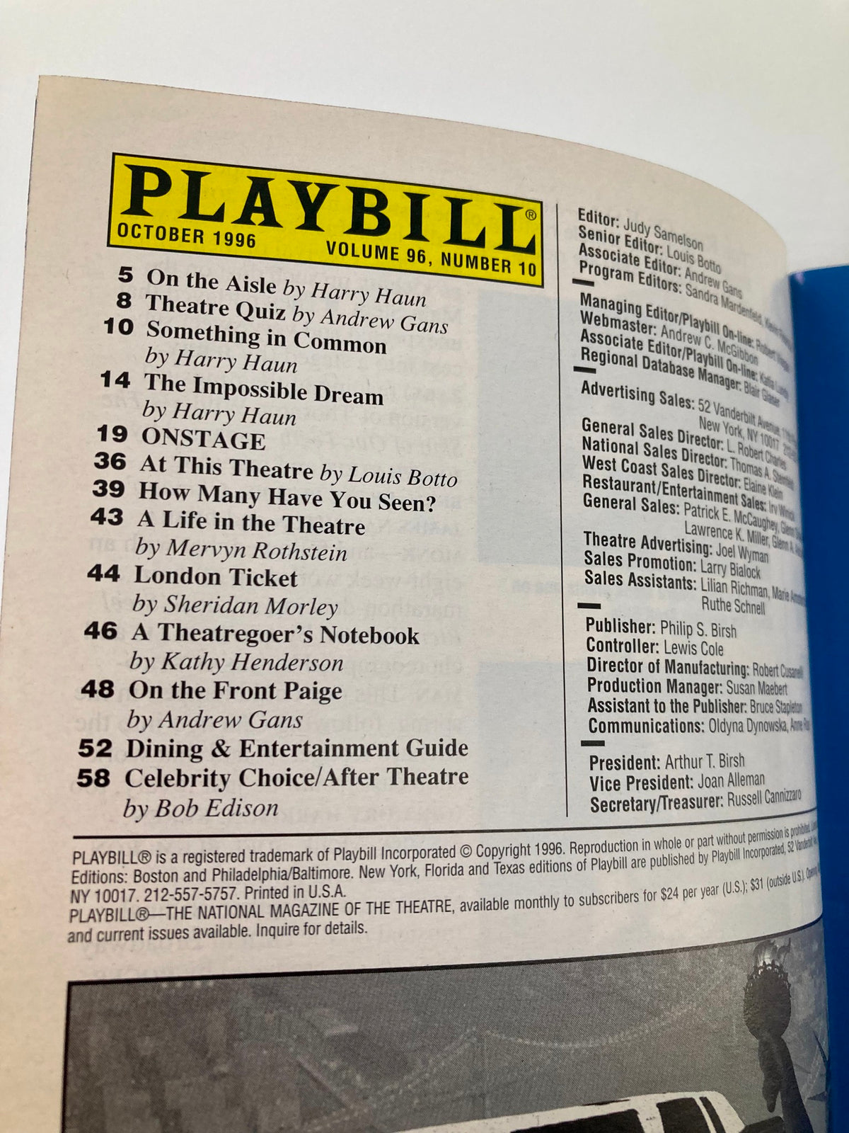 Inside page of the 1996 Playbill for 'An Ideal Husband' detailing the October program and cast.