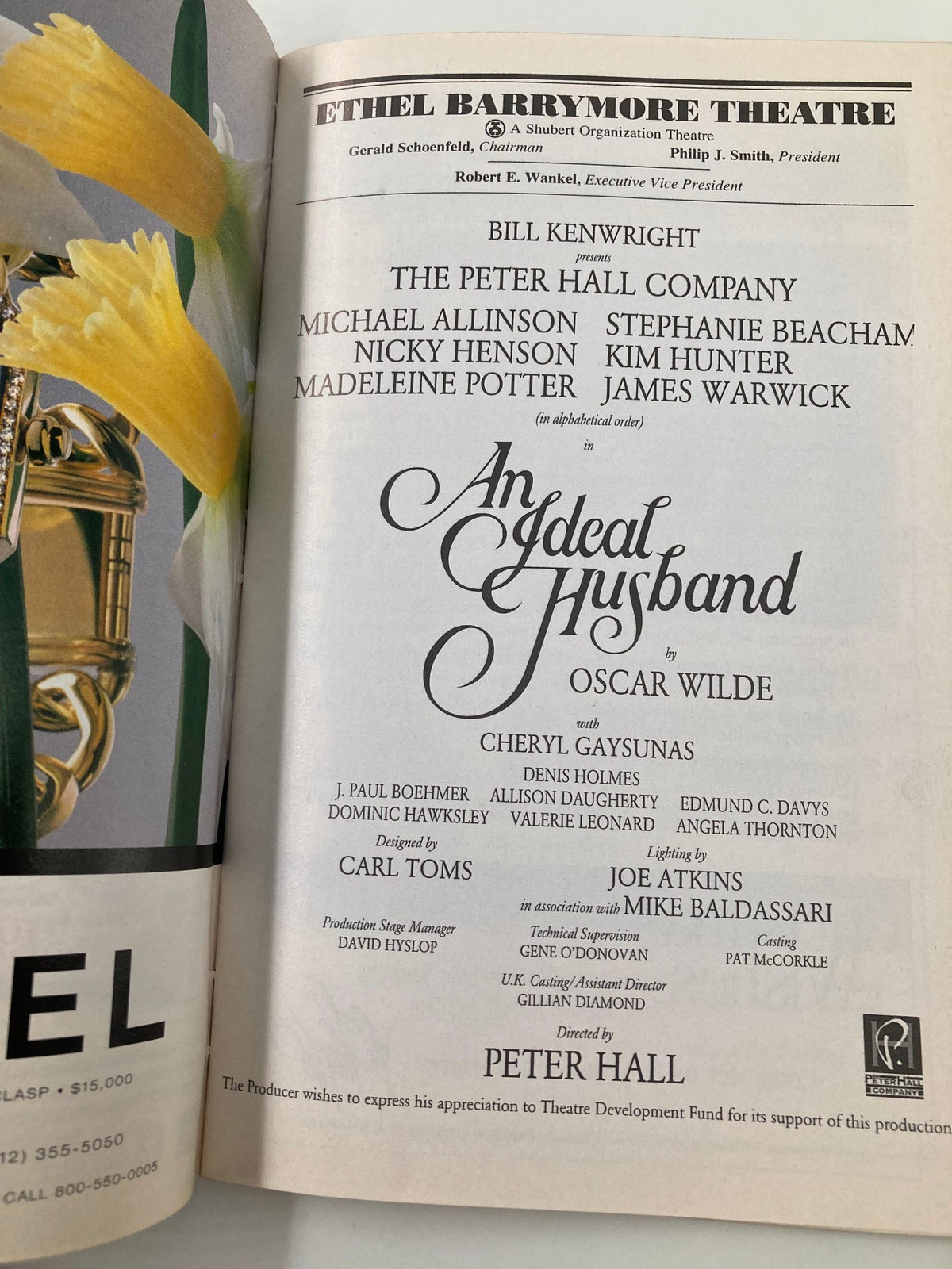 Advertisement page from the 1996 Playbill for 'An Ideal Husband' showcasing cast members and theater details.