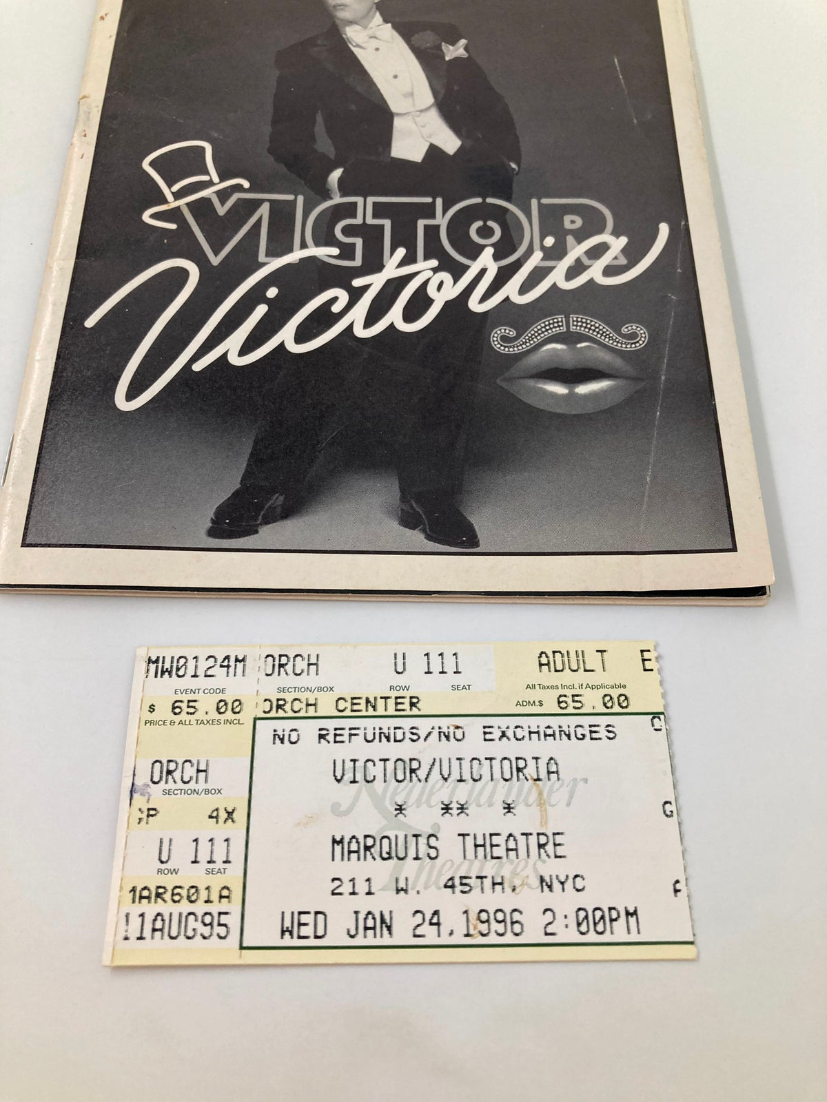 1996 Playbill for Victor/Victoria at Marquis Theatre featuring Julie Andrews and Tony Roberts alongside a ticket stub from the performance.