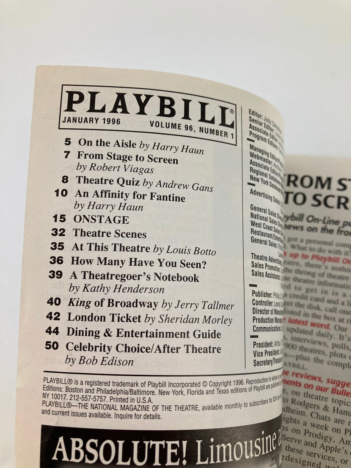 Inside page of the January 1996 Playbill for Victor/Victoria showcasing articles and features from the Broadway performance.