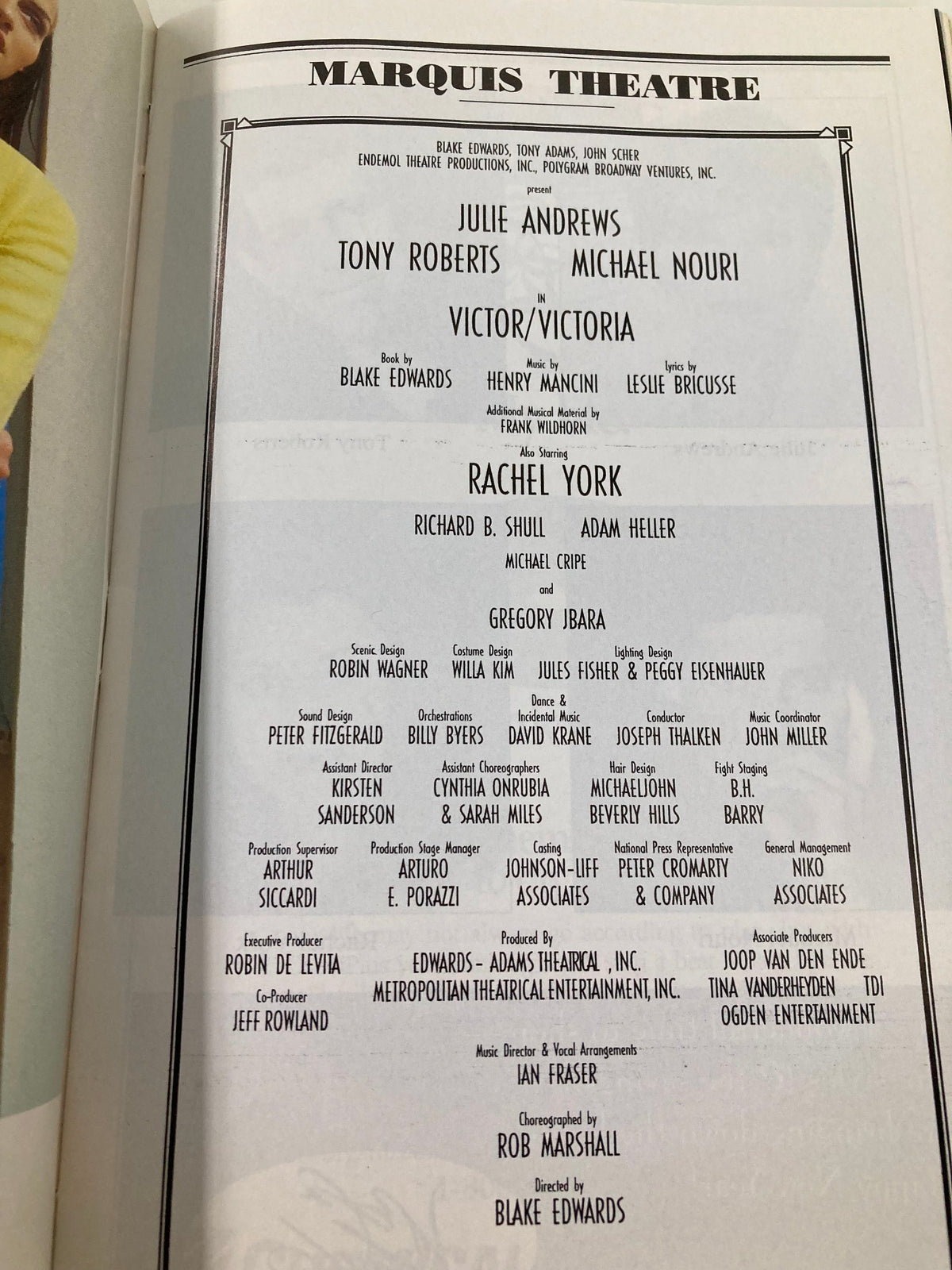 The cast list page from the 1996 Playbill for Victor/Victoria at Marquis Theatre, featuring Julie Andrews, Tony Roberts, and more.