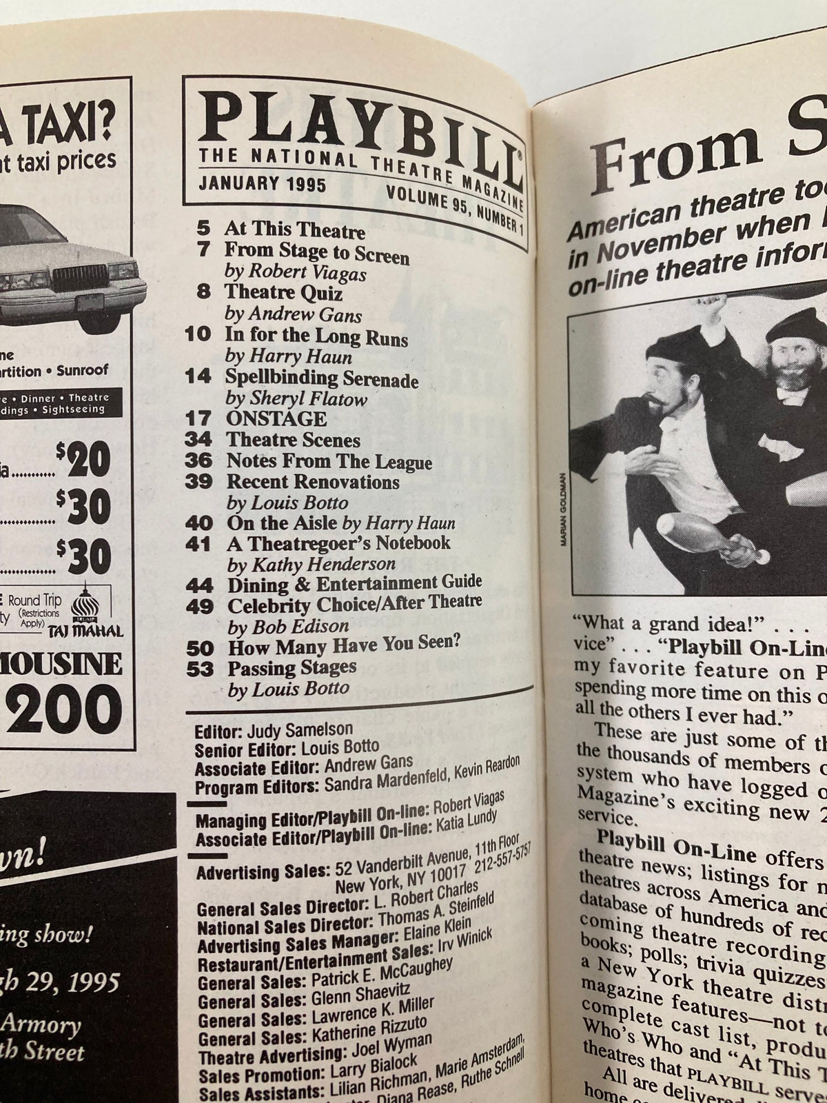 Inside page of the January 1995 Playbill showcasing contents and articles related to theatrical performances.