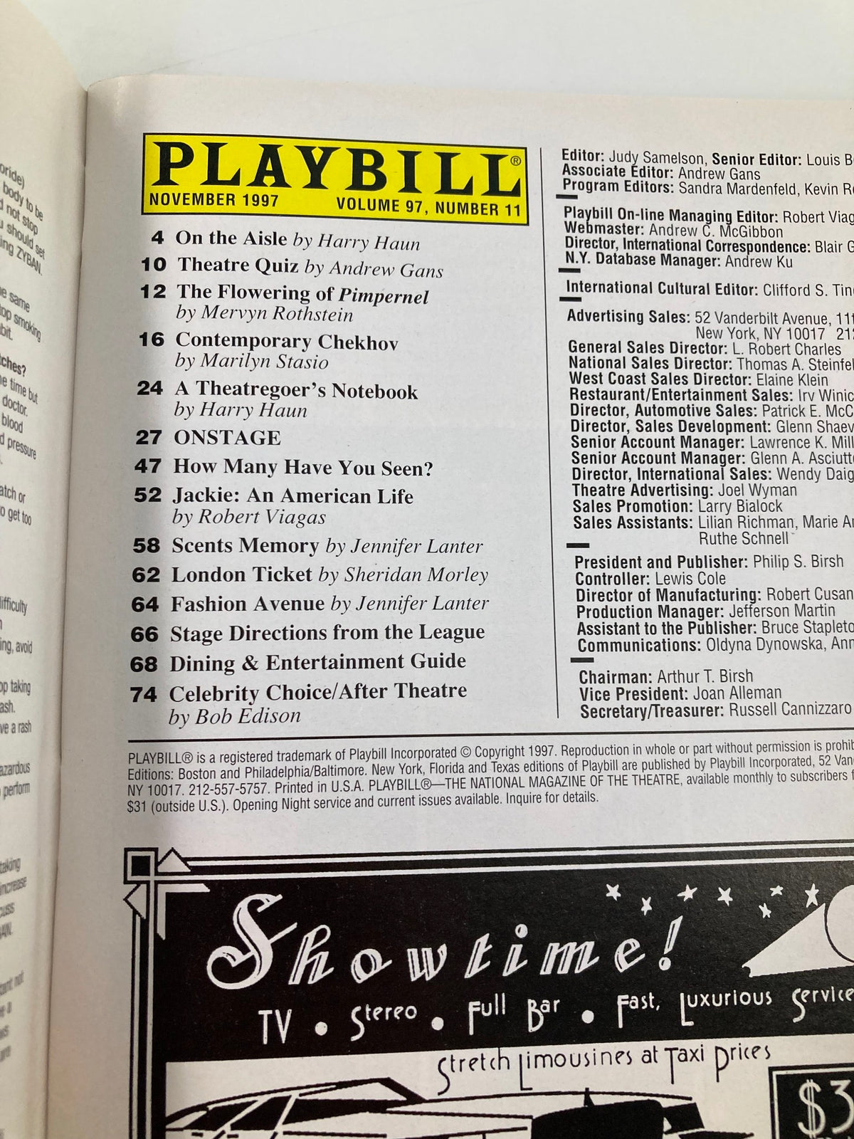Interior page of the 1997 Playbill for 'Triumph of Love' at the Royale Theatre, featuring the table of contents and upcoming productions towards the end of the Playbill.
