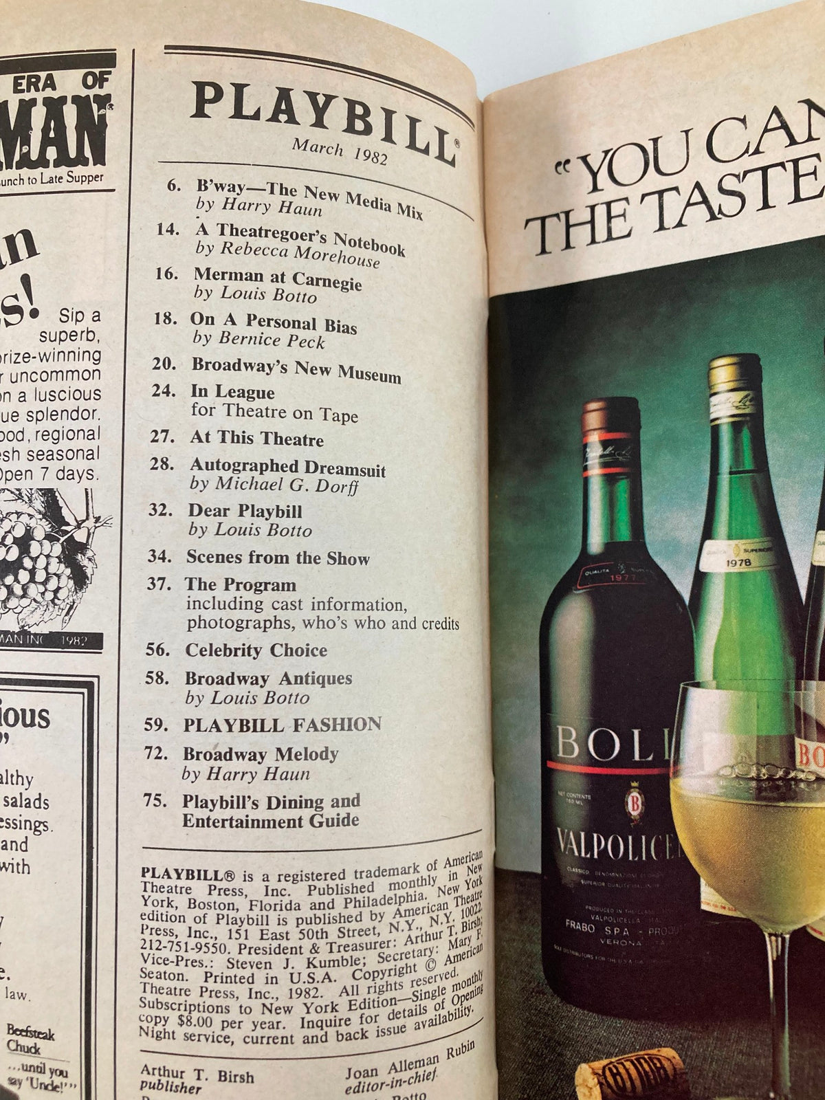 Interior page of the 1982 Playbill for Deathtrap, showcasing advertisements and content from the March 1982 issue.